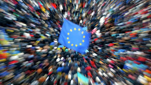 Флаги Евросоюза и Украины во время митинга. Архивное фото Флаги Евросоюза и Украины во время митинга. Архивное фото