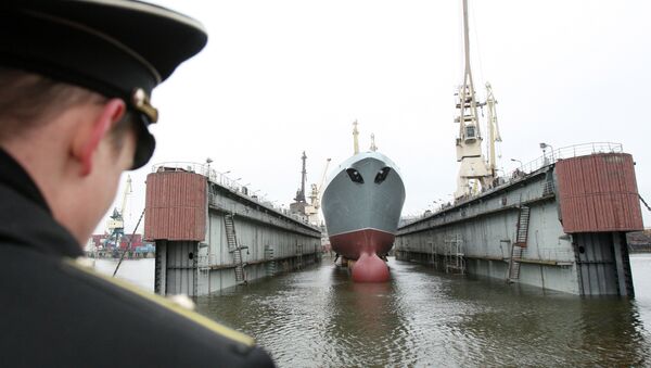 Спуск на воду головного фрегата ВМФ РФ Адмирал флота Сергей Горшков. Архивное фото Спуск на воду головного фрегата ВМФ РФ Адмирал флота Сергей Горшков. Архивное фото