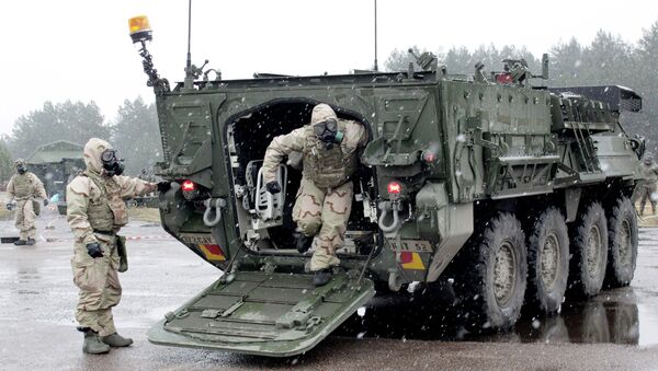 Бронетранспортер Страйкер во время военных учений НАТО Operation Summer Shield на полигоне Адажи в Латвии. Архивное фото Бронетранспортер Страйкер во время военных учений НАТО Operation Summer Shield на полигоне Адажи в Латвии. Архивное фото