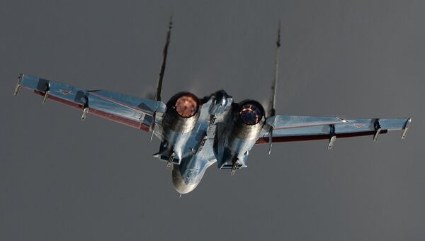 Самолет Су-27 пилотажной группы Русские Витязи. Архивное фото Самолет Су-27 пилотажной группы Русские Витязи. Архивное фото