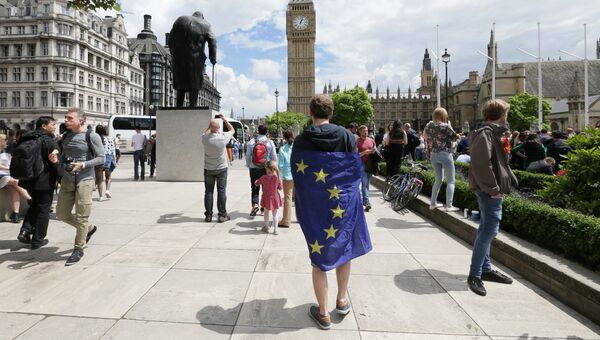 Мужчина с флагом ЕС на Парламентской площади Лондона, Великобритания. Архивное фото Мужчина с флагом ЕС на Парламентской площади Лондона, Великобритания. Архивное фото
