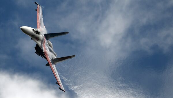 Многоцелевой истребитель Су-27 пилотажной группы Русские Витязи. Архивное фото Многоцелевой истребитель Су-27 пилотажной группы Русские Витязи. Архивное фото