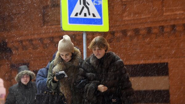 Прохожие в Москве во время снегопада Прохожие в Москве во время снегопада
