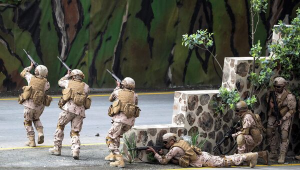 Вооруженные силы ОАЭ во время военного шоу на церемонии открытия Международной выставки вооружения IDEX 2017 в Абу-Даби Вооруженные силы ОАЭ во время военного шоу на церемонии открытия Международной выставки вооружения IDEX 2017 в Абу-Даби