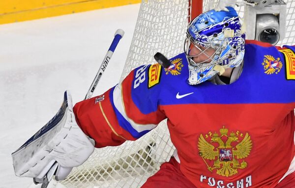 Вратарь сборной России Андрей Василевский в матче за третье место чемпионата мира по хоккею 2017 между сборными командами России и Финляндии Вратарь сборной России Андрей Василевский в матче за третье место чемпионата мира по хоккею 2017 между сборными командами России и Финляндии