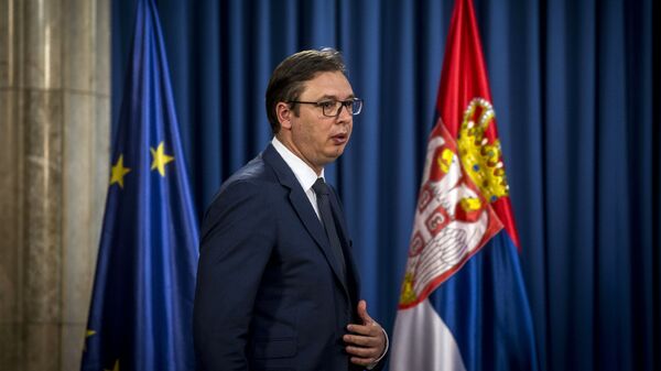 Президент Сербии Александр Вучич во время пресс-конференции в Белграде Президент Сербии Александр Вучич во время пресс-конференции в Белграде