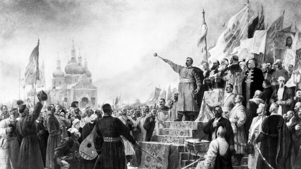 Репродукция рисунка Переяславская рада. Богдан Хмельницкий выступает за воссоединение Украины и России. Репродукция рисунка Переяславская рада. Богдан Хмельницкий выступает за воссоединение Украины и России.
