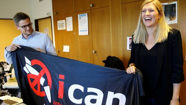 Глава международной кампании по запрещению ядерного оружия ICAN Беатрис Фин. 6 октября 2017 Глава международной кампании по запрещению ядерного оружия ICAN Беатрис Фин. 6 октября 2017