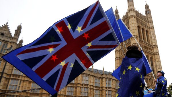 Участники протеста против Brexit возле здания парламента в Лондоне. 14 ноября 2017 Участники протеста против Brexit возле здания парламента в Лондоне. 14 ноября 2017