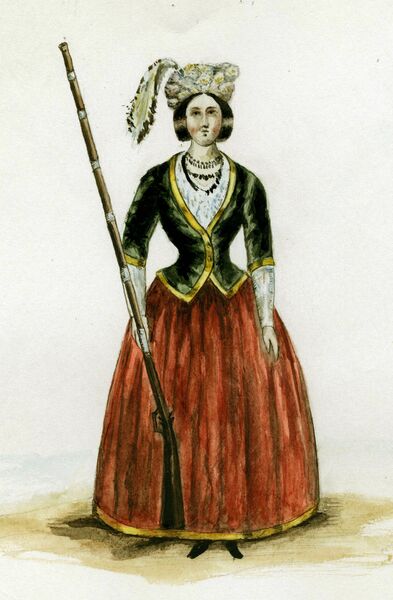 Амазонка в форме образца 1787 года. Обмундирование было заимствованно у офицеров второго батальона Греческого пехотного полка. Рисунок второй половины XIX века Амазонка в форме образца 1787 года. Обмундирование было заимствованно у офицеров второго батальона Греческого пехотного полка. Рисунок второй половины XIX века