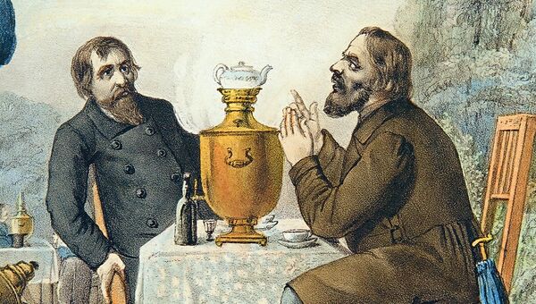 Фрагмент литографии Чаепитие купцов в Москве 1857 Фрагмент литографии Чаепитие купцов в Москве 1857