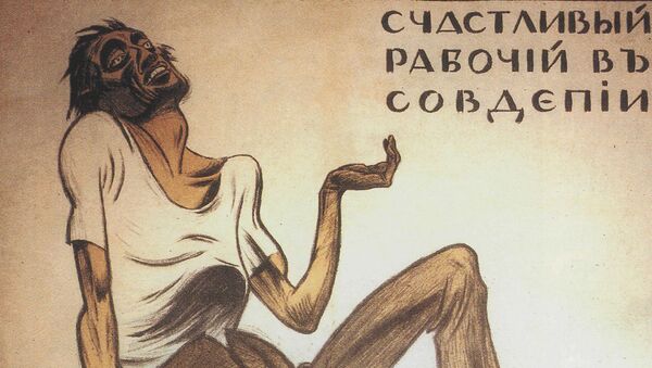 Счастливый рабочий в Совдепии. Агитационный плакат Добровольческой армии, изображающий изможденного жителя РСФСР, сидящего на груде керенок Счастливый рабочий в Совдепии. Агитационный плакат Добровольческой армии, изображающий изможденного жителя РСФСР, сидящего на груде керенок