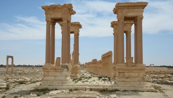 Улица Колоннад и Тетрапилон в исторической части Пальмиры (вид со стороны долины гробниц) Улица Колоннад и Тетрапилон в исторической части Пальмиры (вид со стороны долины гробниц)