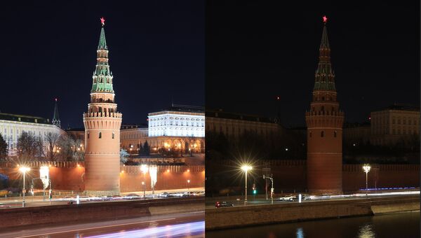 Водовзводная башня Московского Кремля до и после отключения подсветки в рамках экологической акции Час Земли Водовзводная башня Московского Кремля до и после отключения подсветки в рамках экологической акции Час Земли