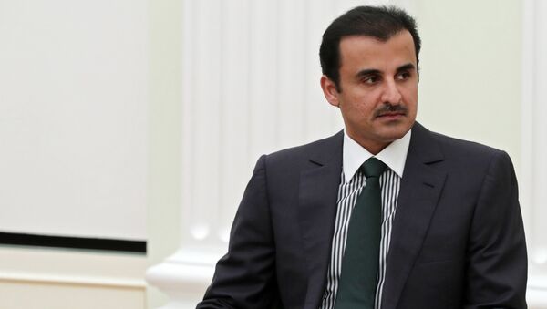 Эмир государства Катар шейх Тамим бен Хамад Аль Тани во время встречи с президентом РФ Владимиром Путиным. 26 марта 2018 Эмир государства Катар шейх Тамим бен Хамад Аль Тани во время встречи с президентом РФ Владимиром Путиным. 26 марта 2018