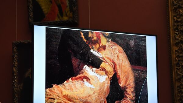 Во время брифинга после нападения на картину И. Репина Иван Грозный и сын его Иван 16 ноября 1581 года в Москве Во время брифинга после нападения на картину И. Репина Иван Грозный и сын его Иван 16 ноября 1581 года в Москве