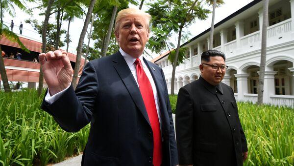 Президент США Дональд Трамп и лидер КНДР Ким Чен Ын во время прогулки у отеля Капелла в Сингапуре. 12 июня 2018 Президент США Дональд Трамп и лидер КНДР Ким Чен Ын во время прогулки у отеля Капелла в Сингапуре. 12 июня 2018