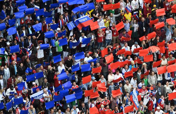Болельщики во время церемонии открытия чемпионата мира по футболу 2018 на стадионе Лужники Болельщики во время церемонии открытия чемпионата мира по футболу 2018 на стадионе Лужники