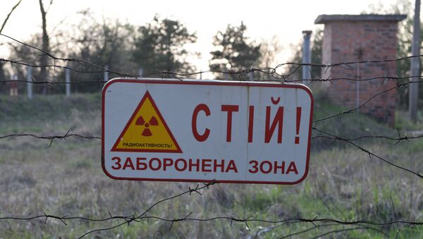 Предупреждающая табличка на территории зоны отчуждения ЧАЭС. Архивное фото Предупреждающая табличка на территории зоны отчуждения ЧАЭС. Архивное фото
