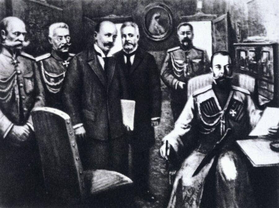 Отречение императора России Николая II в ночь на 3 марта 1917 года. В царском вагоне (слева направо): министр императорского двора Владимир Борисович Фредерикс, генерал Николай Владимирович Рузский, депутаты Госдумы Василий Витальевич Шульгин и Александр Иванович Гучков, император Николай Второй Отречение императора России Николая II в ночь на 3 марта 1917 года. В царском вагоне (слева направо): министр императорского двора Владимир Борисович Фредерикс, генерал Николай Владимирович Рузский, депутаты Госдумы Василий Витальевич Шульгин и Александр Иванович Гучков, император Николай Второй