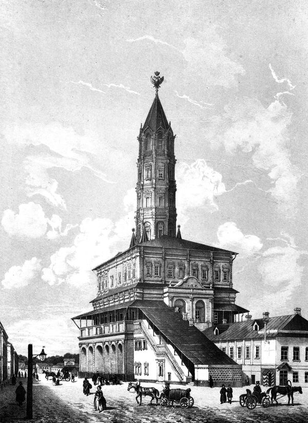 Репродукция литографии Ф. Бенуа Сухарева башня. Конец 1840 г.г.. Из сборника Русская старина 1847 года. Находится в коллекции Музея истории города Москвы Репродукция литографии Ф. Бенуа Сухарева башня. Конец 1840 г.г.. Из сборника Русская старина 1847 года. Находится в коллекции Музея истории города Москвы