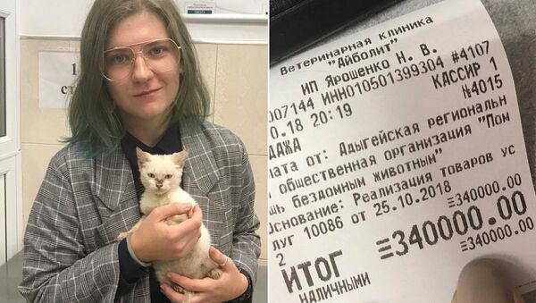 Благотворительница Анна и чек за услуги в ветеринарной клинике Благотворительница Анна и чек за услуги в ветеринарной клинике