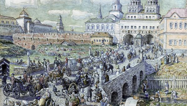 Картина Аполлинария Михайловича Васнецова Уличное движение на Воскресенском мосту в XVIII веке Картина Аполлинария Михайловича Васнецова Уличное движение на Воскресенском мосту в XVIII веке