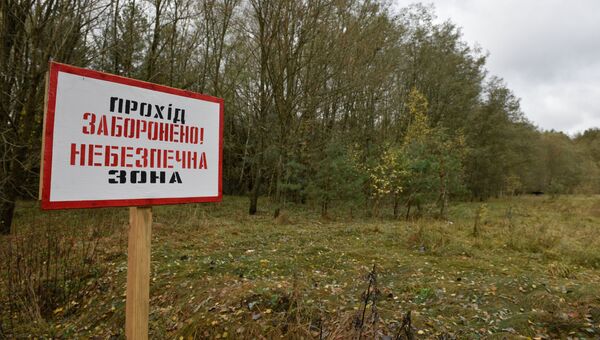 Табличка, запрещающая проход в зоне отчуждения Чернобыльской атомной электростанции Табличка, запрещающая проход в зоне отчуждения Чернобыльской атомной электростанции