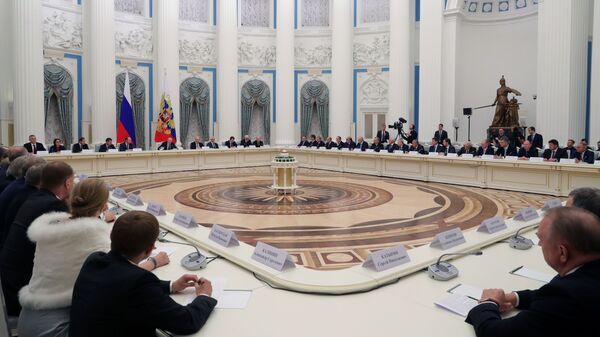 Владимир Путин во время встречи с представителями российских деловых кругов. 26 декабря 2018 Владимир Путин во время встречи с представителями российских деловых кругов. 26 декабря 2018