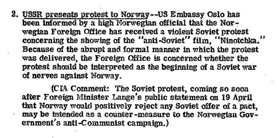 Сообщение ЦРУ от 28 апреля 1948 года о советской ноте МИД Норвегии из-за показа фильма Ниночка