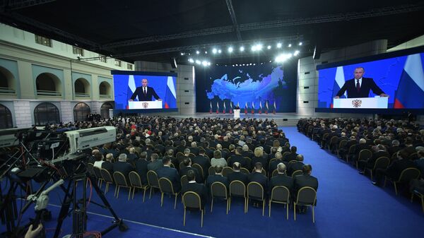 Президент РФ Владимир Путин выступает с ежегодным посланием Федеральному Собранию. 20 февраля 2019 Президент РФ Владимир Путин выступает с ежегодным посланием Федеральному Собранию. 20 февраля 2019