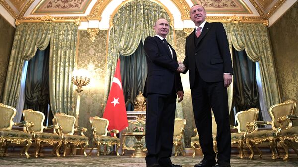 Президент России Владимир Путин и президент Турции Реджеп Тайип Эрдоган во время встречи. 8 апреля 2019 Президент России Владимир Путин и президент Турции Реджеп Тайип Эрдоган во время встречи. 8 апреля 2019