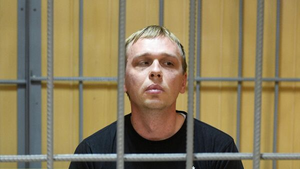 Журналист интернет-издания Медуза Иван Голунов, обвиняемый в незаконном обороте наркотиков, на заседании Никулинского суда города Москвы. 9 июня 2019