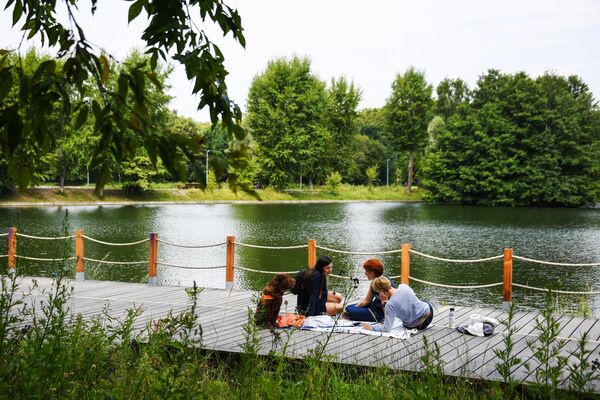 Посетители парка отдыхают на берегу водоема в парке Терлецкая дубрава в Москве