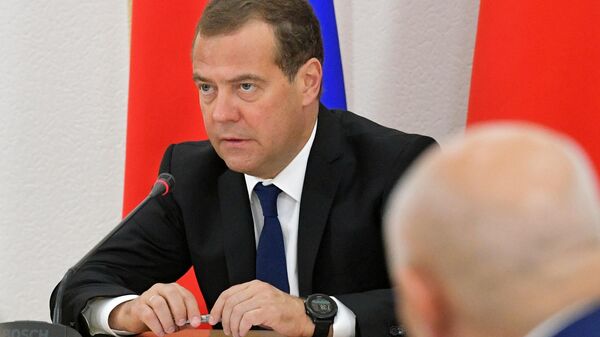 Председатель правительства РФ Дмитрий Медведев проводит совещание по вопросу развития Забайкальского края в городе Чита. 1 августа 2019