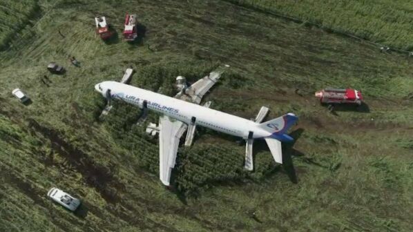 Самолет Airbus А-321 авиакомпании Уральские авиалинии после аварийной посадки в Жуковском Самолет Airbus А-321 авиакомпании Уральские авиалинии после аварийной посадки в Жуковском