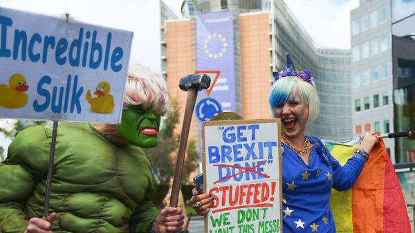 Участники акции сторонников Brexit у здания Европейской Комиссии в Брюсселе Участники акции сторонников Brexit у здания Европейской Комиссии в Брюсселе