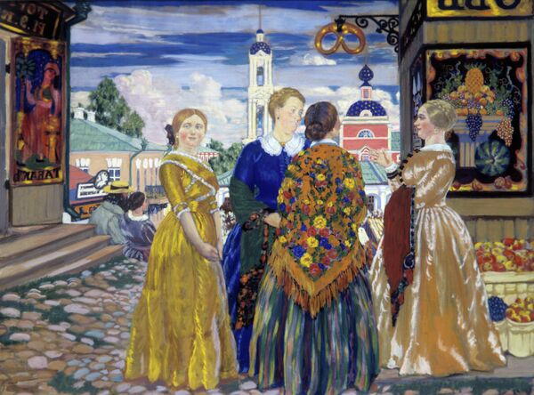 Репродукция картины Бориса Кустодиева Купчихи в Кинешме, 1912 год. Холст, масло. Репродукция картины Бориса Кустодиева Купчихи в Кинешме, 1912 год. Холст, масло.