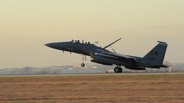 Истребитель ВВС США F-15E Strike Eagle на авиабазе Инджирлик, Турция Истребитель ВВС США F-15E Strike Eagle на авиабазе Инджирлик, Турция