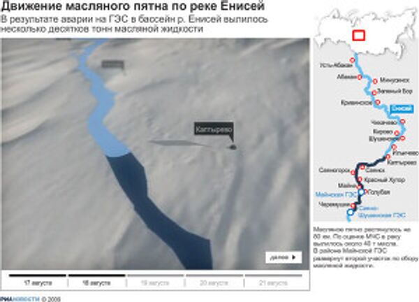 Движение масляного пятна по реке Енисей Движение масляного пятна по реке Енисей