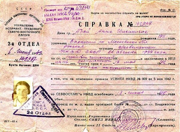 Справка об освобождении заключенной Абай Анны Ильиничны Справка об освобождении заключенной Абай Анны Ильиничны