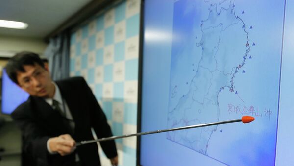 Старший координатор Японского метеорологического агентства по сейсмологической информации Макото Сайто указывает на место землетрясения Старший координатор Японского метеорологического агентства по сейсмологической информации Макото Сайто указывает на место землетрясения