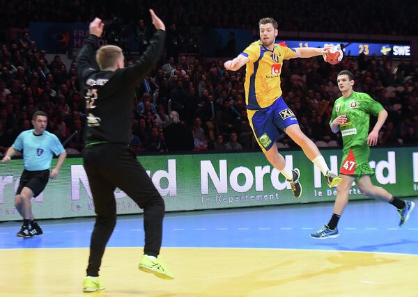 Игровой момент матча чемпионата мира по гандболу между сборными Белоруссии и Швеции Игровой момент матча чемпионата мира по гандболу между сборными Белоруссии и Швеции