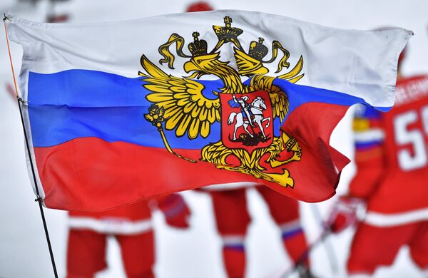 Флаг РФ во время матча российских хоккеистов Флаг РФ во время матча российских хоккеистов