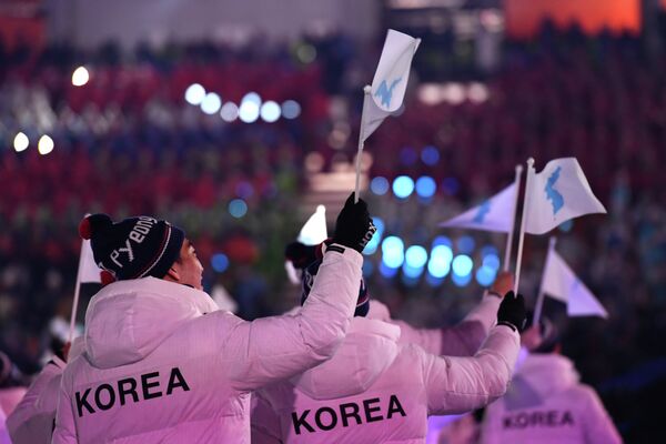 Спортсмены Южной Кореи на церемонии открытия Олимпийских игр в Пхенчхане под единым флагом Кореи Спортсмены Южной Кореи на церемонии открытия Олимпийских игр в Пхенчхане под единым флагом Кореи